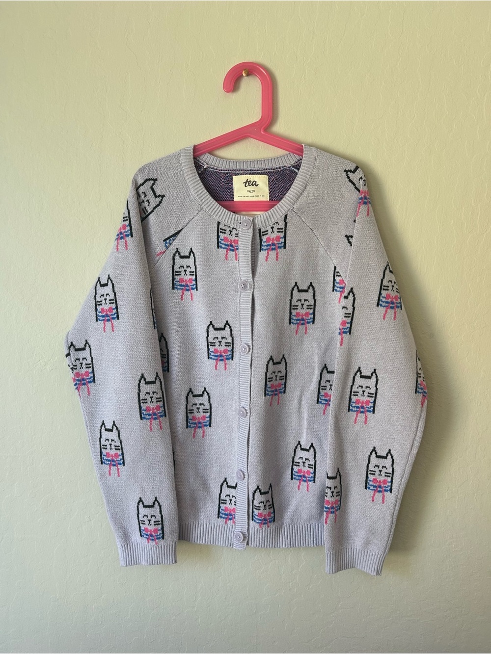 Tea Collection Lavender Cat Motif Button Cardigan